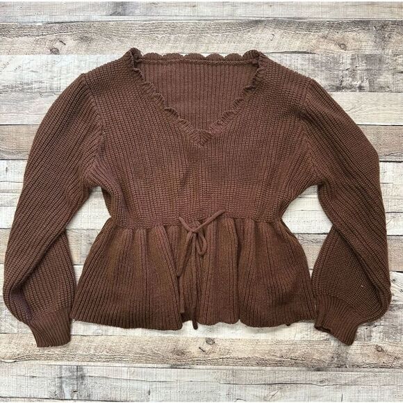 SHEIN Clasi Plus Size Lantern Sleeve Ruffle Collar Cinched Waist Sweater | 2XL - Picture 3 of 7